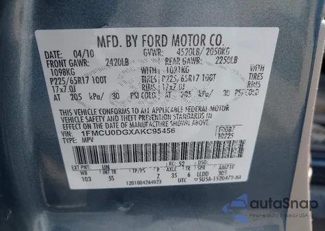 2010 Ford Escape Xlt из США, поврежденный, VIN 1FMCU0DGXAKC95456